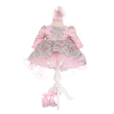 Rochie roz pudrat cu dantela, pentru botez, 3 piese, rochie, bentita si pantofiori, Recostore, REC1913