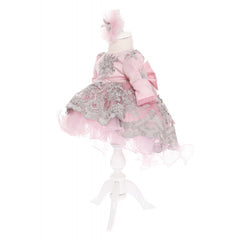 Rochie roz pudrat cu dantela, pentru botez, 3 piese, rochie, bentita si pantofiori, Recostore, REC1913