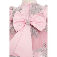 Rochie roz pudrat cu dantela, pentru botez, 3 piese, rochie, bentita si pantofiori, Recostore, REC1913