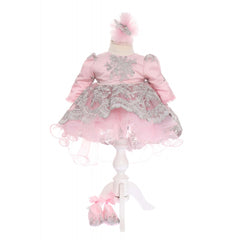 Rochie roz pudrat cu dantela, pentru botez, 3 piese, rochie, bentita si pantofiori, Recostore, REC1913