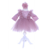 Rochie roz pudrat cu pene pentru botez, 2 piese, rochie si bentita, Recostore, REC1689