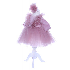 Rochie roz pudrat cu pene pentru botez, 2 piese, rochie si bentita, Recostore, REC1689