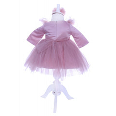 Rochie roz pudrat cu pene pentru botez, 2 piese, rochie si bentita, Recostore, REC1689