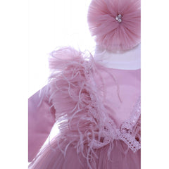 Rochie roz pudrat cu pene pentru botez, 2 piese, rochie si bentita, Recostore, REC1689