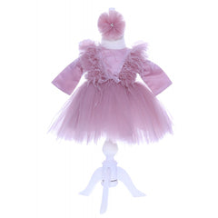 Rochie roz pudrat cu pene pentru botez, 2 piese, rochie si bentita, Recostore, REC1689