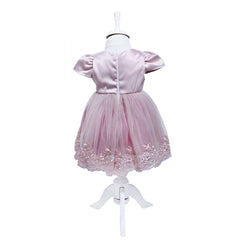 Rochie roz pudrat cu pliuri din tulle si broderie si aplicatii din perle pentru botez, 3 piese, rochie, bolero, bentita, REC340