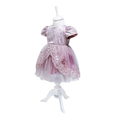 Rochie roz pudrat cu pliuri din tulle si broderie si aplicatii din perle pentru botez, 3 piese, rochie, bolero, bentita, REC340