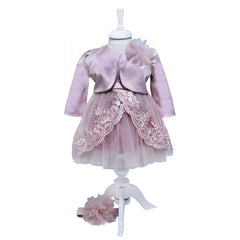 Rochie roz pudrat cu pliuri din tulle si broderie si aplicatii din perle pentru botez, 3 piese, rochie, bolero, bentita, REC340