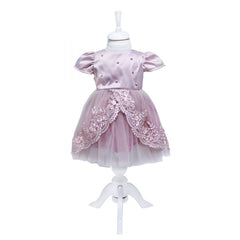 Rochie roz pudrat cu pliuri din tulle si broderie si aplicatii din perle pentru botez, 3 piese, rochie, bolero, bentita, REC340