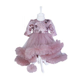 Rochie roz pudrat cu trena si aplicatii decorative pentru botez, 2 piese, rochie, bentita, REC824