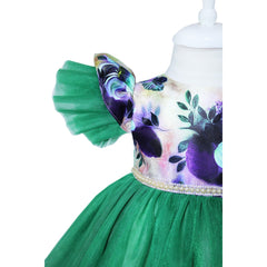 Rochie verde cu imprimeu floral multicolor si trena, 3 piese, rochie, bentita, botosi , REC1193