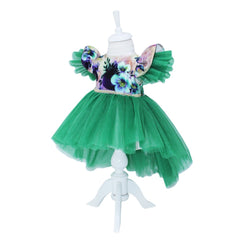 Rochie verde cu imprimeu floral multicolor si trena, 3 piese, rochie, bentita, botosi , REC1193