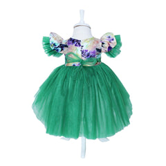 Rochie verde cu imprimeu floral multicolor si trena, 3 piese, rochie, bentita, botosi , REC1193