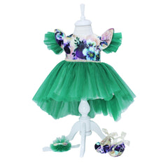 Rochie verde cu imprimeu floral multicolor si trena, 3 piese, rochie, bentita, botosi , REC1193