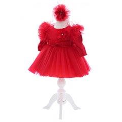 Rochita cu pantofiori si bentita de culoare rosie pentru botez de fetite, 3 piese, REC2443