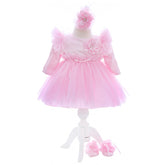 Rochita cu pantofiori si bentita de culoare roz pentru botez de fetite, 3 piese, REC2444