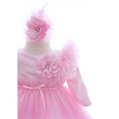 Rochita cu pantofiori si bentita de culoare roz pentru botez de fetite, 3 piese, REC2444