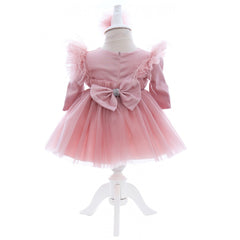 Rochita cu pantofiori si bentita roz pudrat deschis pentru botez de fetite, 3 piese, REC2442