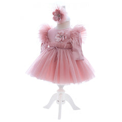 Rochita cu pantofiori si bentita roz pudrat deschis pentru botez de fetite, 3 piese, REC2442