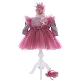 Rochita cu pantofiori si bentita roz pudrat inchis pentru botez de fetite, 3 piese, REC2441