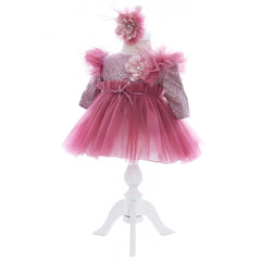 Rochita cu pantofiori si bentita roz pudrat inchis pentru botez de fetite, 3 piese, REC2441