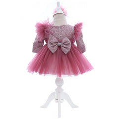 Rochita cu pantofiori si bentita roz pudrat inchis pentru botez de fetite, 3 piese, REC2441