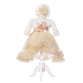 Rochita eleganta cu trena pentru botez de fetite, 2 piese, alb-crem, Recostore, REC2139