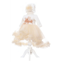 Rochita eleganta cu trena pentru botez de fetite, 2 piese, alb-crem, Recostore, REC2139