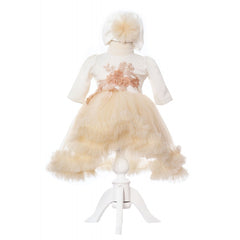 Rochita eleganta cu trena pentru botez de fetite, 2 piese, alb-crem, Recostore, REC2139