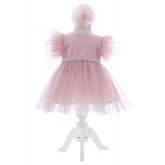 Rochita roz pudrat cu maneca scurta pentru botez de fetite, 2 piese, REC2422