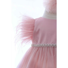 Rochita roz pudrat cu maneca scurta pentru botez de fetite, 2 piese, REC2422