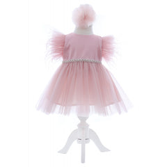 Rochita roz pudrat cu maneca scurta pentru botez de fetite, 2 piese, REC2422