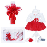 Set complet de botez pentru fete, lumanare accesorizata cu pene rosii si mesajul "Cu drag de la nasi", trusou brodat cu mesajul " Cu drag de la nasi", 7 piese, rochie compusa din 4 piese, REC1344