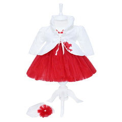 Set complet de botez pentru fete, lumanare accesorizata cu pene rosii si mesajul "Cu drag de la nasi", trusou brodat cu mesajul " Cu drag de la nasi", 7 piese, rochie compusa din 4 piese, REC1344