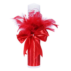Set complet de botez pentru fete, lumanare accesorizata cu pene rosii si mesajul "Cu drag de la nasi", trusou brodat cu mesajul " Cu drag de la nasi", 7 piese, rochie compusa din 4 piese, REC1344