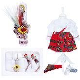 Set complet de botez pentru fete, lumanare accesorizata cu spice de grau, panglica traditionala si tarancuta aplicata, trusou brodat cu tarancuta compus din 7 piese, costum traditional compus din 4 piese si pantofiori, REC1347