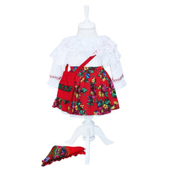 Set complet de botez pentru fete, lumanare accesorizata cu spice de grau, panglica traditionala si tarancuta aplicata, trusou brodat cu tarancuta compus din 7 piese, costum traditional compus din 4 piese si pantofiori, REC1347