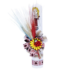 Set complet de botez pentru fete, lumanare accesorizata cu spice de grau, panglica traditionala si tarancuta aplicata, trusou brodat cu tarancuta compus din 7 piese, costum traditional compus din 4 piese si pantofiori, REC1347