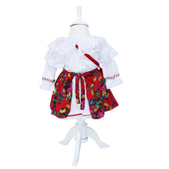 Set complet de botez pentru fete, lumanare accesorizata cu spice de grau, panglica traditionala si tarancuta aplicata, trusou brodat cu tarancuta compus din 7 piese, costum traditional compus din 4 piese si pantofiori, REC1347