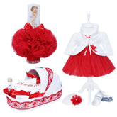 Set complet de botez pentru fete, lumanare accesorizata cu tulle tip glob rosu si bebe printesa, trusou brodat cu mesajul "Azi m-am crestinat", 6 piese, rochie compusa din 4 piese, REC1343