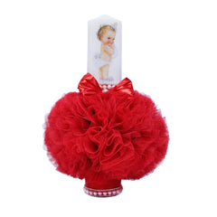 Set complet de botez pentru fete, lumanare accesorizata cu tulle tip glob rosu si bebe printesa, trusou brodat cu mesajul "Azi m-am crestinat", 6 piese, rochie compusa din 4 piese, REC1343