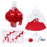 Set complet de botez pentru fete, lumanare accesorizata cu tulle tip glob rosu si mesajul "Radacini si aripi de la parinti", trusou imprimat cu mesajul "Cu drag de la nasi" si dantela rosie, 10 piese, rochie compusa din 4 piese, REC1342
