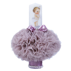 Set complet pentru botez, bebe fete, lumanare roz pudrat cu bebe printesa, trusou tip landou brodat cu mesajul "Azi m-am crestinat", 6 piese, rochie compusa din 4 piese, REC1309