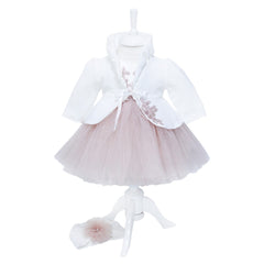 Set complet pentru botez, bebe fete, lumanare roz pudrat cu bebe printesa, trusou tip landou brodat cu mesajul "Azi m-am crestinat", 6 piese, rochie compusa din 4 piese, REC1309