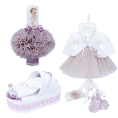 Set complet pentru botez, bebe fete, lumanare roz pudrat cu bebe printesa, trusou tip landou brodat cu mesajul "Azi m-am crestinat", 6 piese, rochie compusa din 4 piese, REC1309