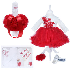 Set complet pentru botez compus din 10 piese, lumanare "Cu drag de la nasi", trusou brodat, rochita si pantofiori, REC1588