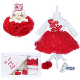 Set complet pentru botez compus din 11 piese, rochie alb-rosu cu bentita, pantofiori, lumanare cu doi ursuleti si trusou brodat , REC1589