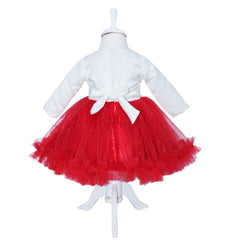 Set complet pentru botez compus din 11 piese, rochie alb-rosu cu bentita, pantofiori, lumanare cu doi ursuleti si trusou brodat , REC1589