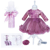 Set complet pentru botez compus din 11 piese, rochie roz pudrat, pantofiori, lumanare si trusou brodat , REC1587