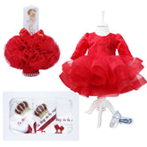 Set complet pentru botez compus din rochie rosie si bentita, pantofiori, lumanare tip glob cu bebe printesa si trusou brodat "Cu drag de la nasi" si coroana format din 7 piese, REC1526